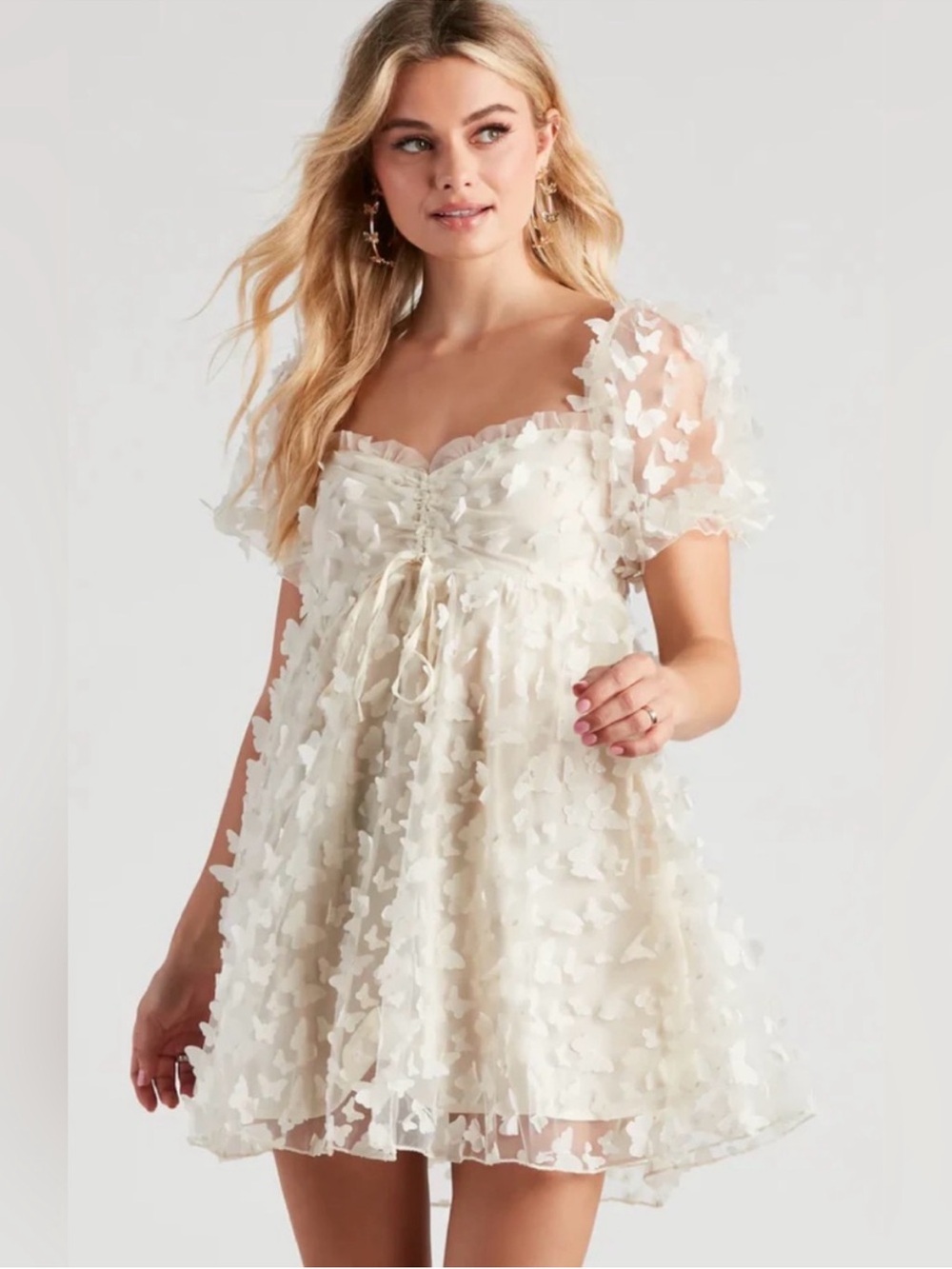 Mable Cream Sheer Dress with 3D Butterfly Appliqués